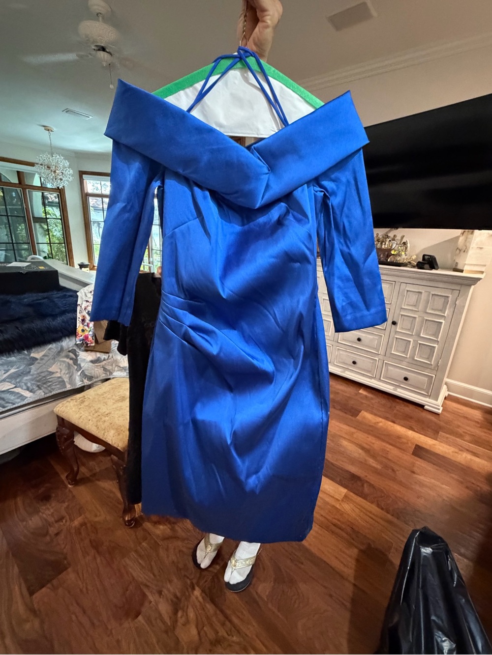 Theia Off-the-Shoulder Satin Dress in Cobalt Blue